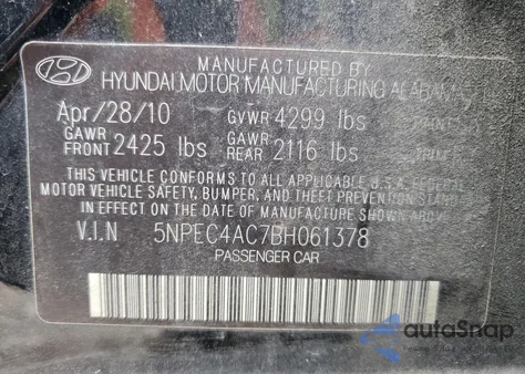 2011 Hyundai Sonata Se from USA, damaged, VIN 5NPEC4AC7BH061378
